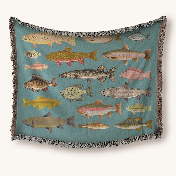 Fish Woven Blanket 100% Cotton Rug Vintage Fish Art Cabin Decor Fisherman Aesthetic Picnic Throw Trout Wall Tapestry Fisherman Gift for Dad