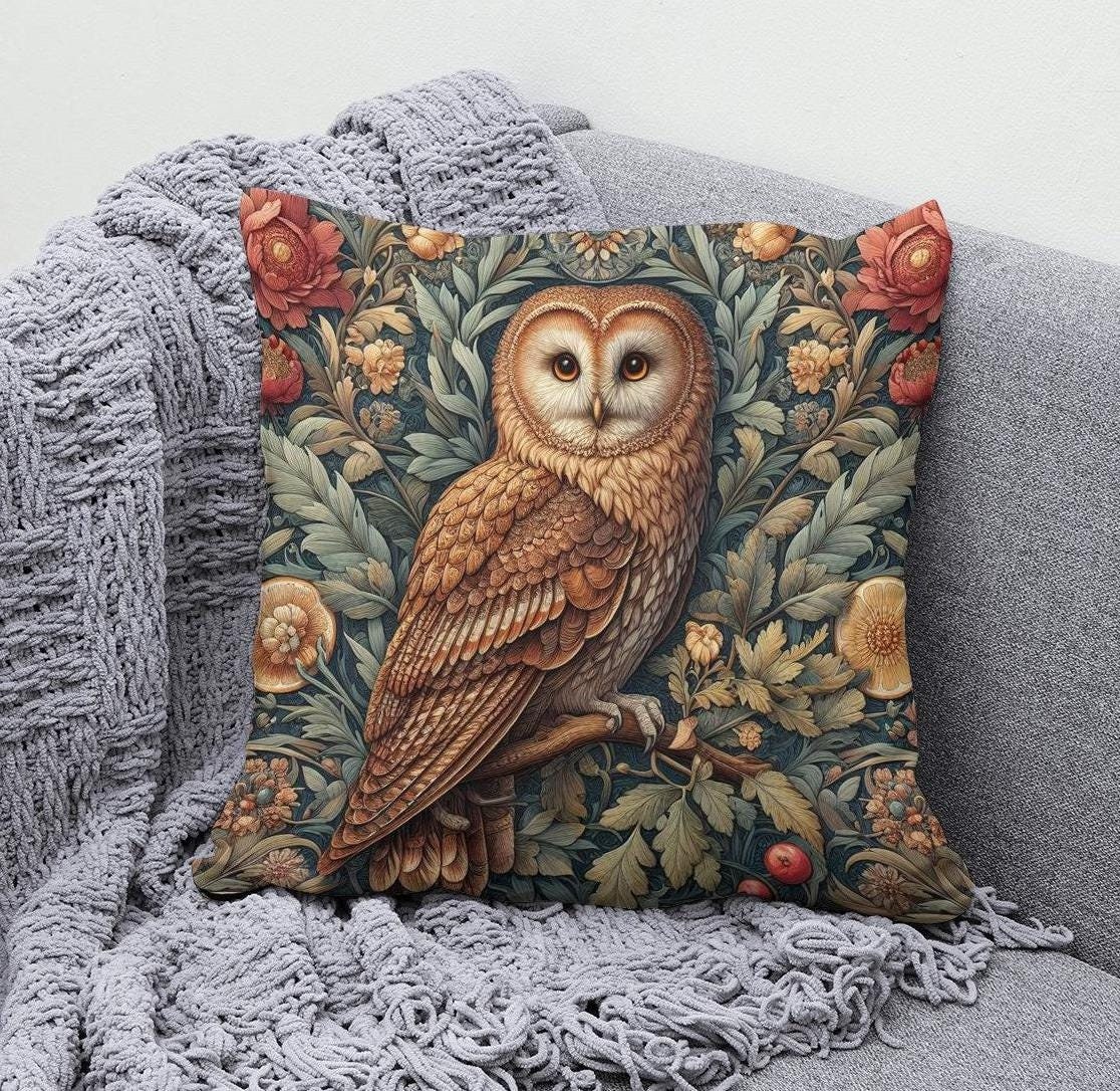 Forest Owl Pillow William Morris Inspired Cottagecore Throw Cushion Brown Owl Throw Pillow Rustic Bo