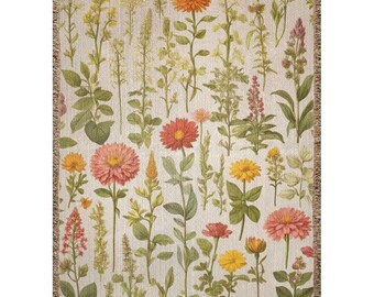 Botanical Woven Blanket 100% Cotton Wildflowers Woven Throw Vintage Floral Art Wall Tapestry Light Cottagecore Blanket Floral Blanket Gift