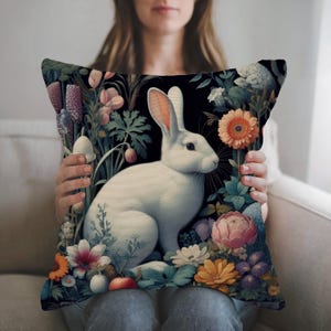 White Rabbit Woven Pillow Morris Inspired Cottagecore Home Decor Floral Bunny Cotton Blend Cushion Easter Bunny Pillow Rabbit Lover Gift
