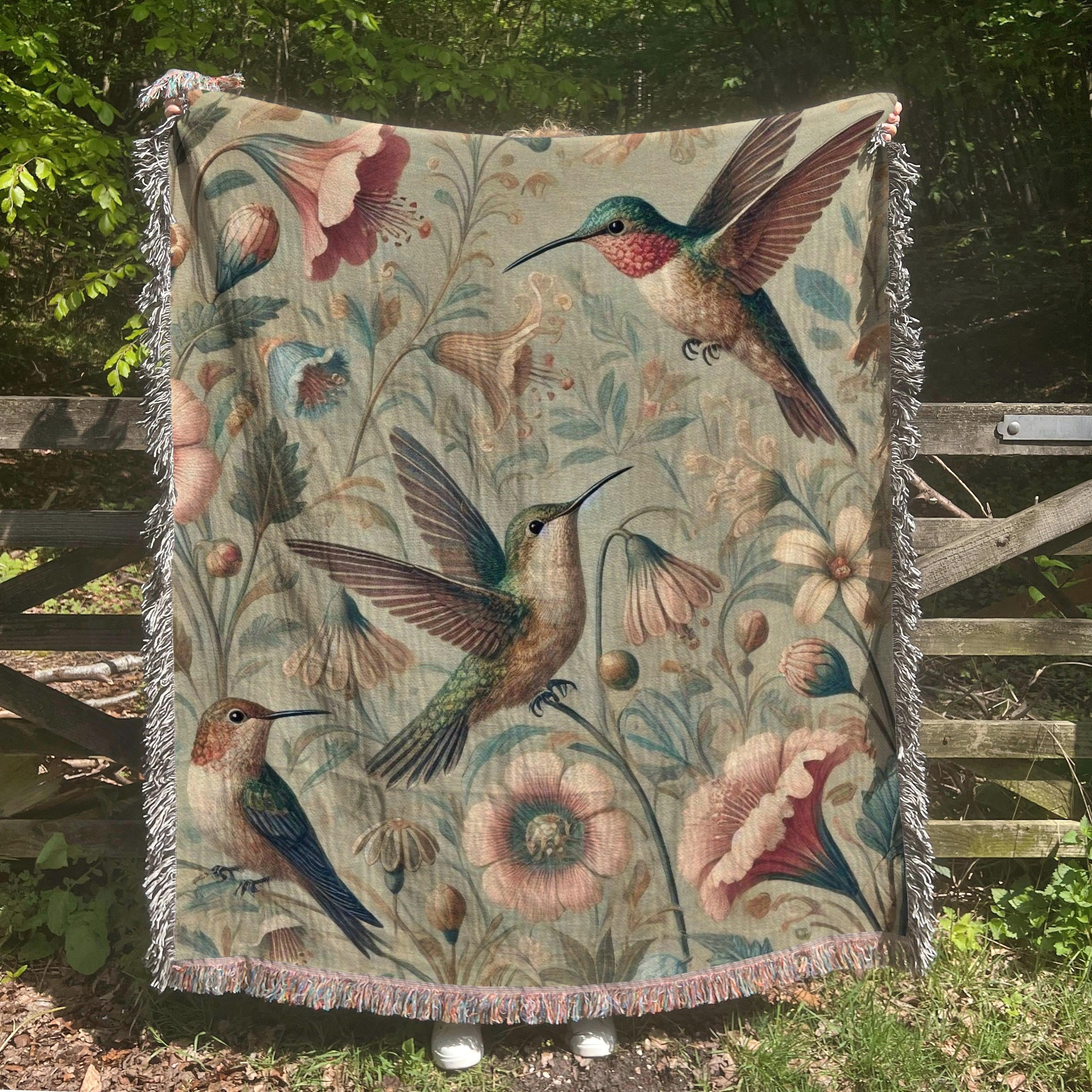 Hummingbirds Woven Blanket - William Morris Inspired 100% Cotton