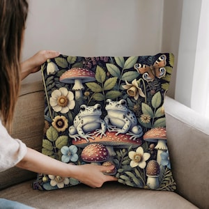 Frogs & Mushrooms Woven Pillow Morris Inspired Vintage Style Cottagecore Cushion Cute Frogs Home Decor Cotton Blend Pillow Frog Lover Gift