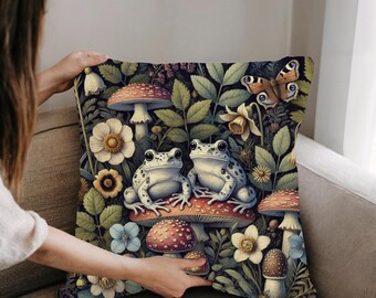 Frogs & Mushrooms Woven Pillow Morris Inspired Vintage Style Cottagecore Cushion Cute Frogs Home Decor Cotton Blend Pillow Frog Lover Gift