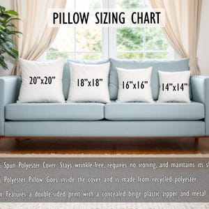 Peut inclure: Tableau des tailles de coussin avec quatre coussins blancs sur un canap&eacute; bleu clair. Les coussins sont &eacute;tiquet&eacute;s avec leurs dimensions : 20"x20", 18"x18", 16"x16", et 14"x14". Le texte sous le canap&eacute; d&eacute;crit la housse de coussin et le mat&eacute;riau du coussin.