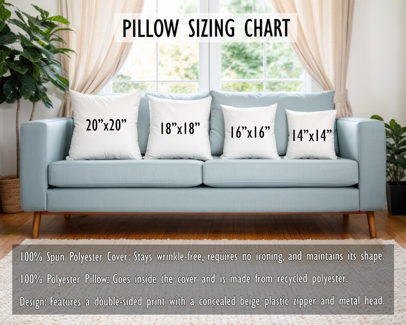 Peut inclure: Tableau des tailles de coussin avec quatre coussins blancs sur un canap&eacute; bleu clair. Les coussins sont &eacute;tiquet&eacute;s avec leurs dimensions : 20"x20", 18"x18", 16"x16", et 14"x14". Le texte sous le canap&eacute; d&eacute;crit la housse de coussin et le mat&eacute;riau du coussin.