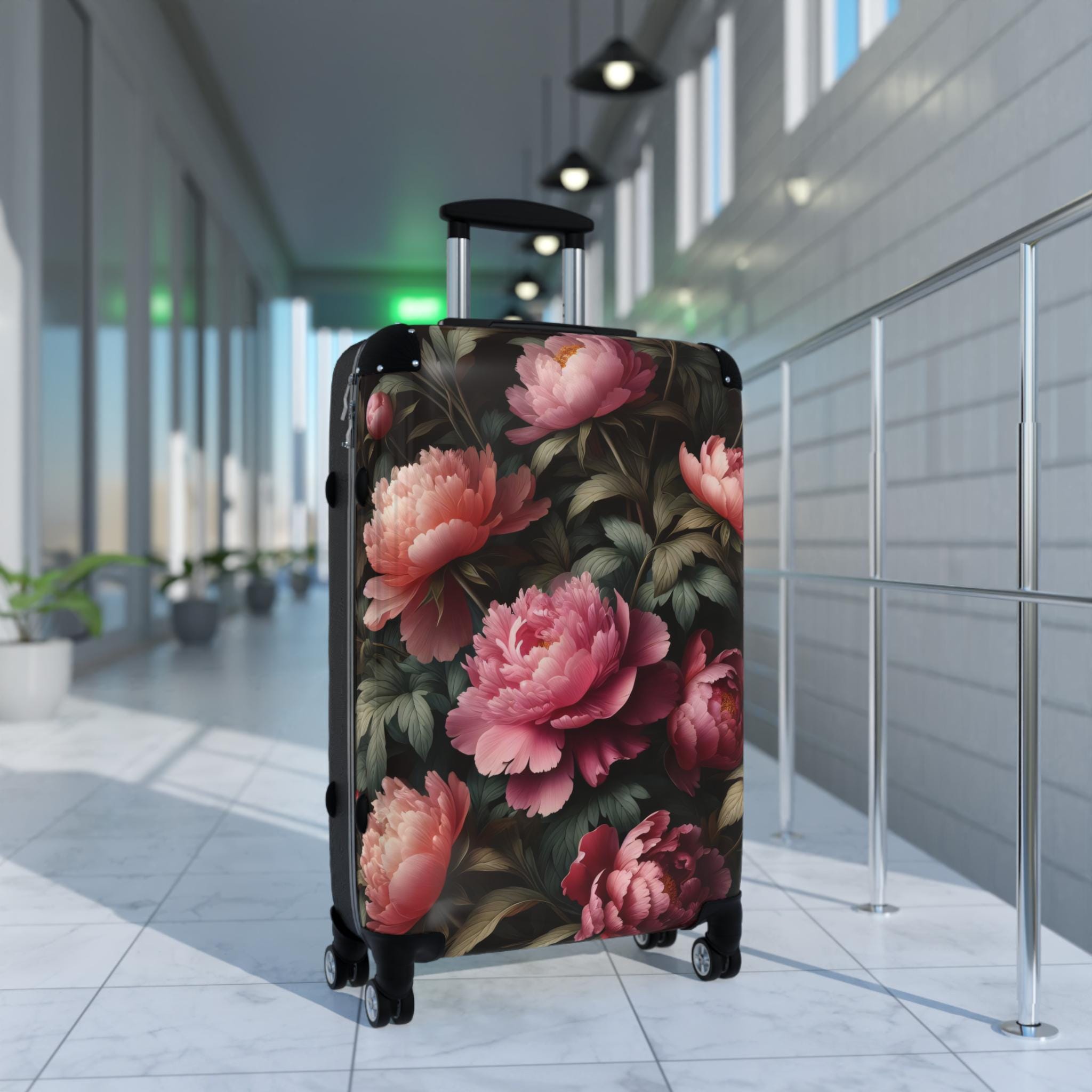 Vintage Peonies Suitcase - Floral Hard Shell Rolling Luggage With Wheels, Dark Peony Pattern Luxury Travel Bag, Botanical Suitcase Gift