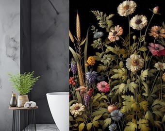 Dark Botanical Shower Curtain Wildflowers Bathroom Curtain Dark Cottagecore Art Black Floral Curtain Dark Academia Vintage Housewarming Gift