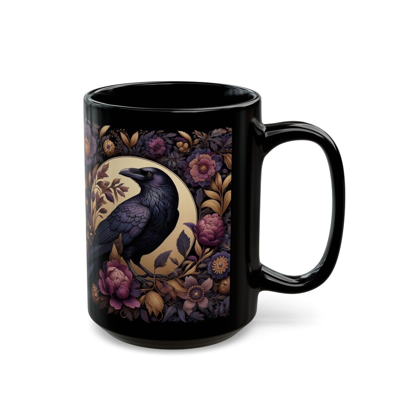 Floral Raven Black Coffee Mug - William Morris Inspired Goth Crow Art Mug, Dark Academia Bird Kitchen Decor image 12