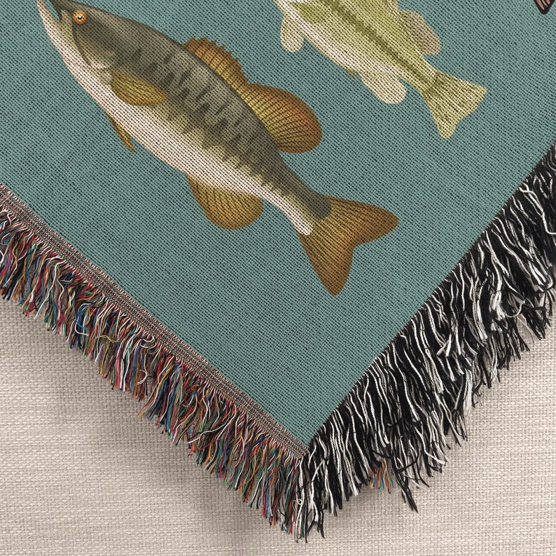 Fish Woven Blanket - 100% Cotton Rug Vintage Fish Art Cabin Decor, Fisherman Aesthetic Picnic Throw, Trout Wall Tapestry Fisherman Gift image 10