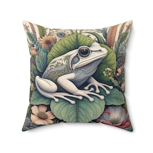 Cojín con diseño de rana floral, inspirado en William Morris, estilo Cottagecore, cojín con diseño de rana blanca sobre una hoja, regalo de decoración botánica para el hogar, INSERTO INCLUIDO