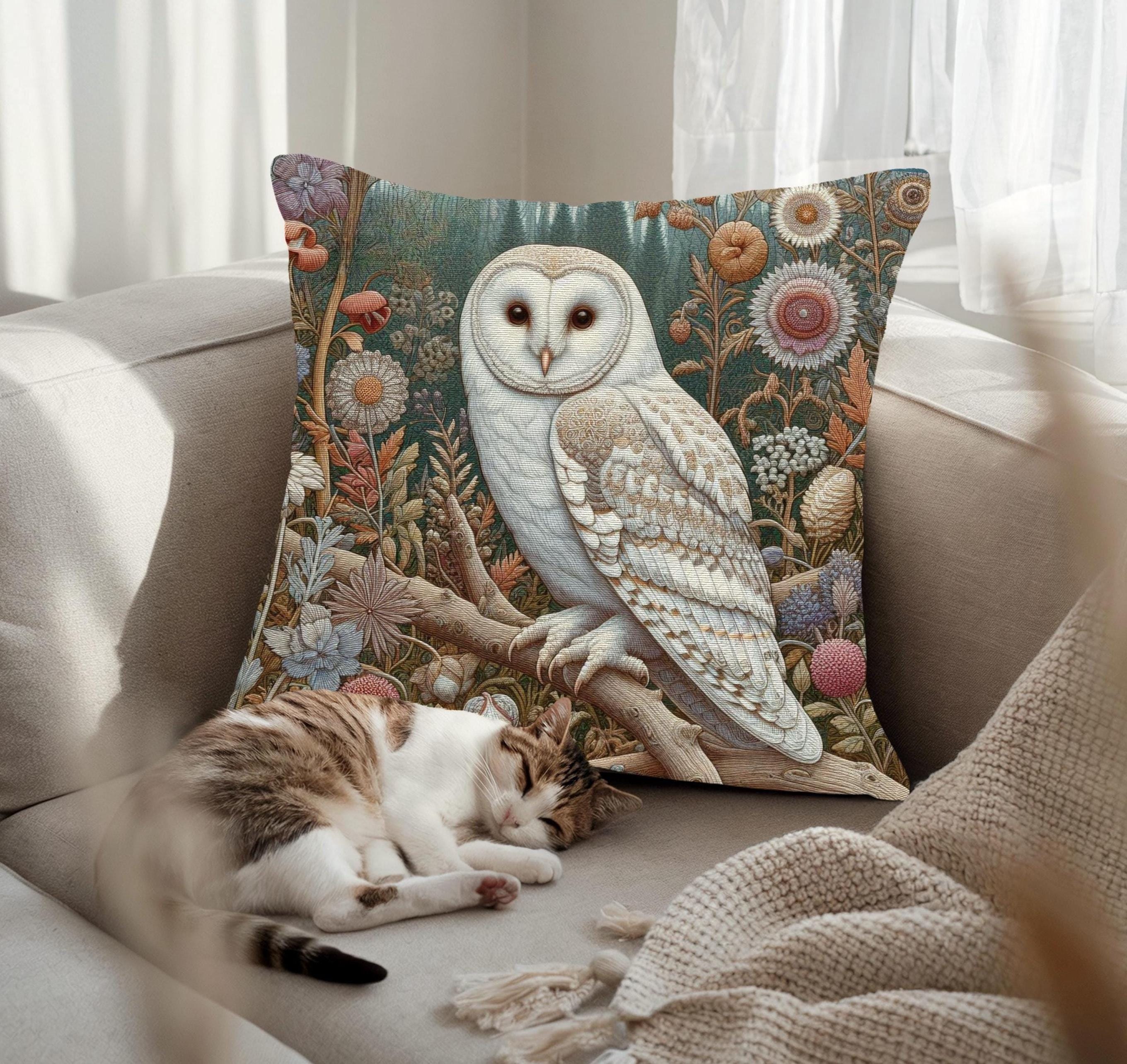 Barn Owl Woven Pillow William Morris Inspired Cottagecore Tapestry Pillow White Owl Home Decor Cotto