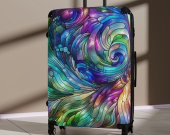 Buntglas-Effekt-Koffer, Rollgepäck, Hartschalen-Koffer mit Rollen, buntes abstraktes Muster, luxuriöse Reisetasche, Geschenk für Sie und Ihn