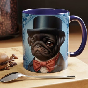 MR Pug Accent Coffee Mug William Morris Inspired Cute Dog Art Mug Navy Color Inside Funny Dog Teacup Pug Mom Mug Dog Lover Gift