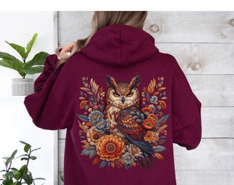 Floral Owl Hoodie Boho Owl Hooded Sweatshirt Cottagecore Sweater Front & Back Print Unisex Pullover Wildflowers Bird Hoodie Owl Lover Gift