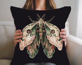 Floral Moth Woven Pillow Boho Butterfly Home Decor Cotton Blend Moth Cushion Cottagecore Large Moth Throw Pillow Entomology Lover Home Gift