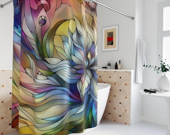 Rideau de douche en vitrail motif abstrait coloré, décoration d'intérieur, décoration florale de salle de bain, art moderne, rideau de douche, cadeau de pendaison de crémaillère