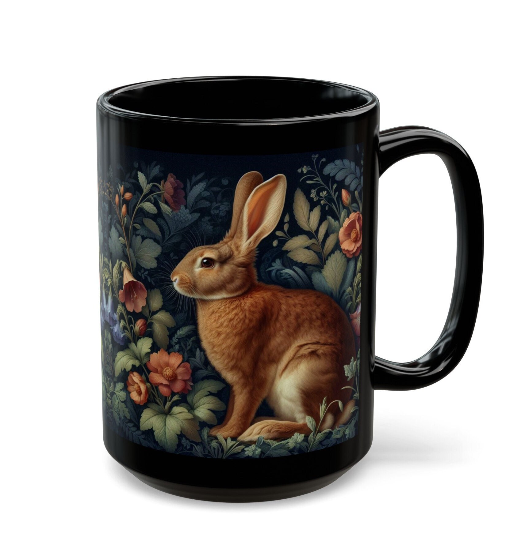 Brown Rabbit Mug William Morris Inspired Bunny and Flowers Black Coffee ...