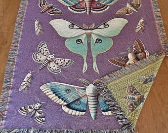Geweven deken Luna Moth - 100% katoenen plaid, vintage motten illustratie woondecoratie, Dark Academia Exotic Moth wandtapijt cadeau
