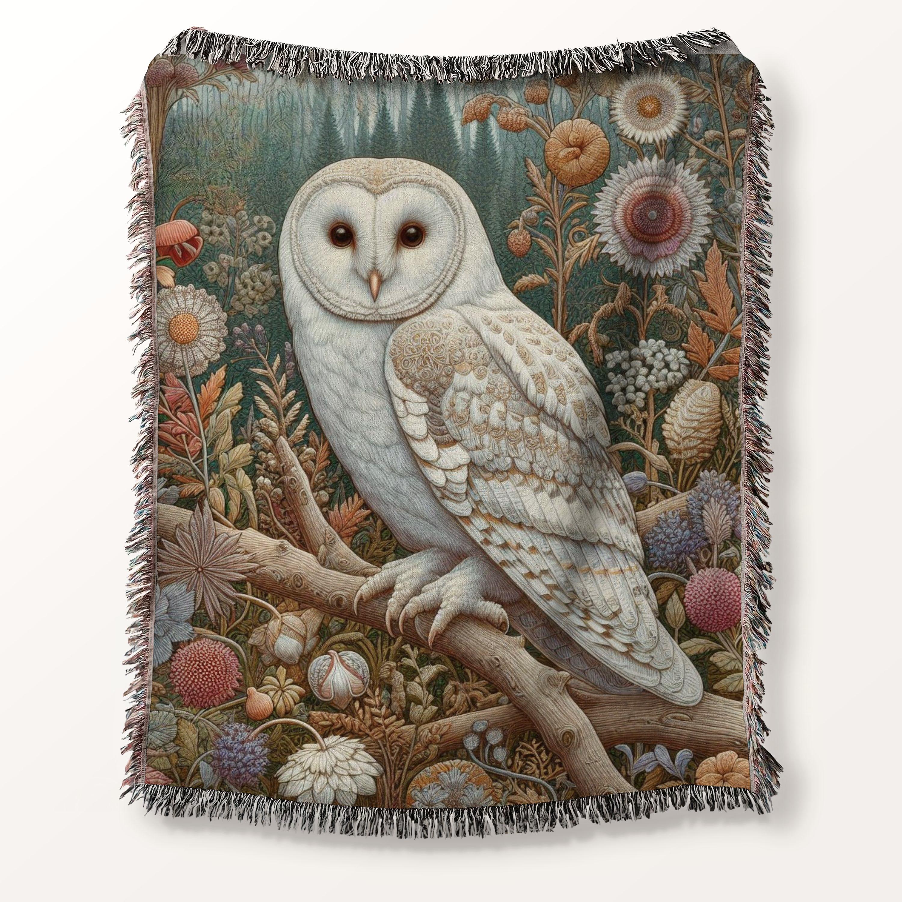 Barn Owl Woven Blanket William Morris Inspired 100% Cotton Rug Vintage White Owl Woven Throw Cottage
