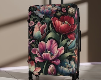 Vintage Tulips Suitcase Rolling Luggage Hard Shell Suitcase With Wheels William Morris Inspired Flowers Carry On Suitcase Gift for Her