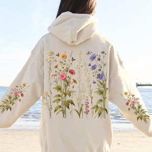 Wildflowers Hoodie Boho Floral Hooded Sweatshirt Printed Sleeves and Back Floral Hoodie Cottagecore Sweater Botanical Hoodie Gift for Her