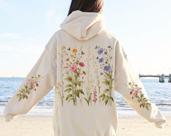 Sudadera con capucha de flores silvestres Sudadera con capucha floral bohemia Sudadera con capucha con estampado floral en las mangas y la espalda Suéter estilo cottagecore Sudadera con capucha botánica Regalo para ella