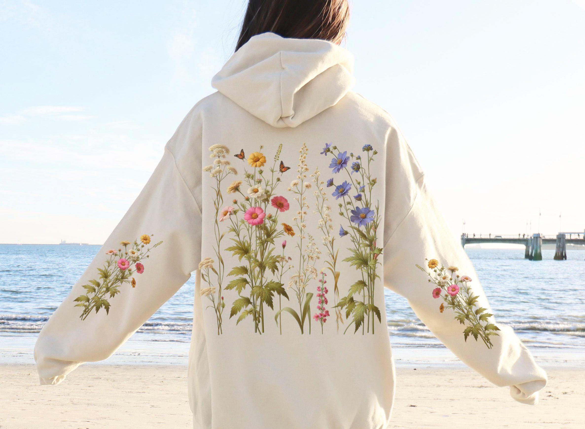 Wildflowers Hoodie Boho Floral Hooded Sweatshirt Printed Sleeves