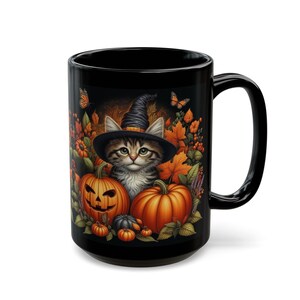 Cute Halloween Mug Kitten and Pumpkin Black Coffee Mug Halloween Cat Mug Gift For Her Him Fall Cottagecore Teacup Witchy Cat Ceramic Mug image 2
