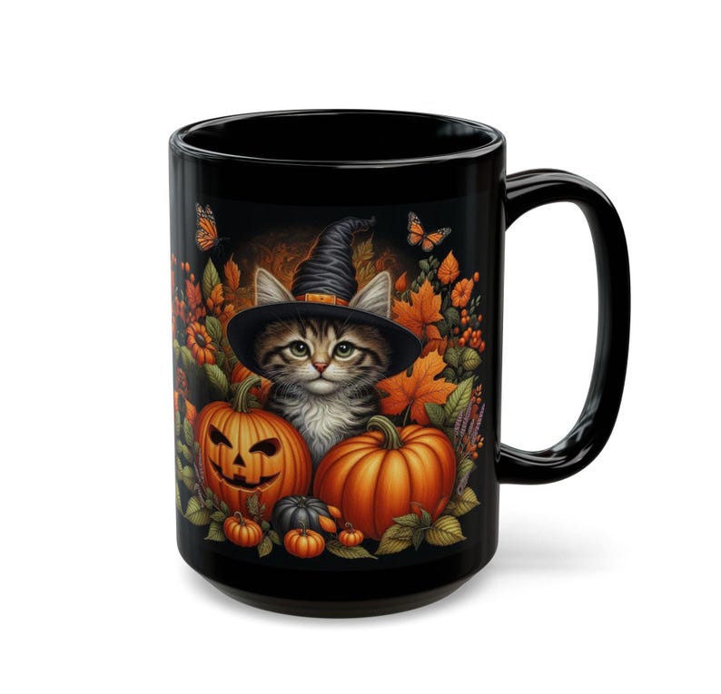 Cute Halloween Mug Kitten and Pumpkin Black Coffee Mug Halloween Cat Mug Gift For Her Him Fall Cottagecore Teacup Witchy Cat Ceramic Mug image 2