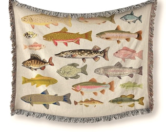 Manta tejida con diseño de peces - 100 % algodón, estilo vintage con peces, decoración de cabaña, manta de picnic con estética de pescador, tapiz de pared con trucha, regalo de pescador