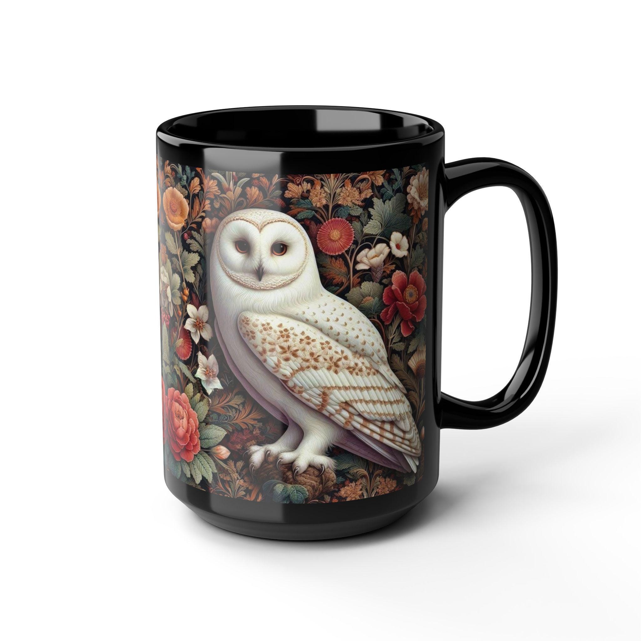 White Owl Mug William Morris Inspired Owl Among Flowers Black Coffee Mug Cottagecore Teacup Vintage 