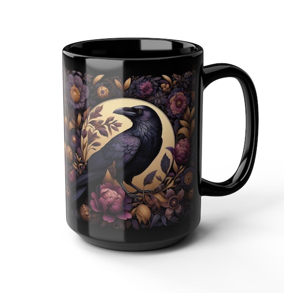 Floral Raven Black Coffee Mug - William Morris Inspired Goth Crow Art Mug, Dark Academia Bird Kitchen Decor