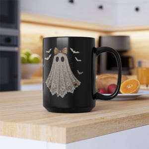 Cute Lace Ghost Coffee Mug - Vintage Halloween Bats Mug, Coquette Bow Ghost Teacup, Spooky Girly Black Mug Gift image 9