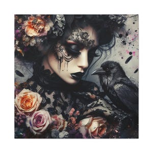 Goth Girl and Crow Matte Canvas Print Dark Academia Watercolor Wall Art Gothic Portrait Art Stretched Canvas Print Modern Home Decor Gift
