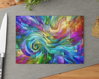 Tabla de cortar de vidrio con efecto arcoíris - Tabla para servir con efecto vitral, decoración de cocina con arte abstracto colorido