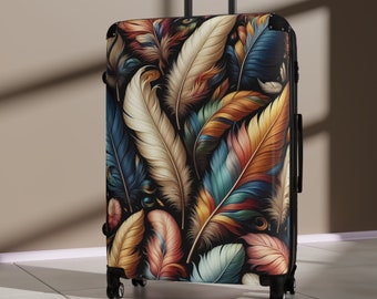 Maleta de plumas, equipaje con ruedas, maleta rígida con ruedas, diseño de plumas de colores, maleta de mano de lujo única, regalo para ella