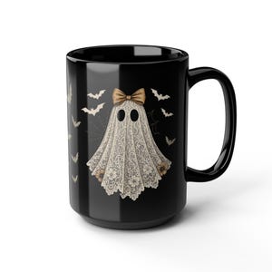 Cute Lace Ghost Coffee Mug - Vintage Halloween Bats Mug, Coquette Bow Ghost Teacup, Spooky Girly Black Mug Gift image 2