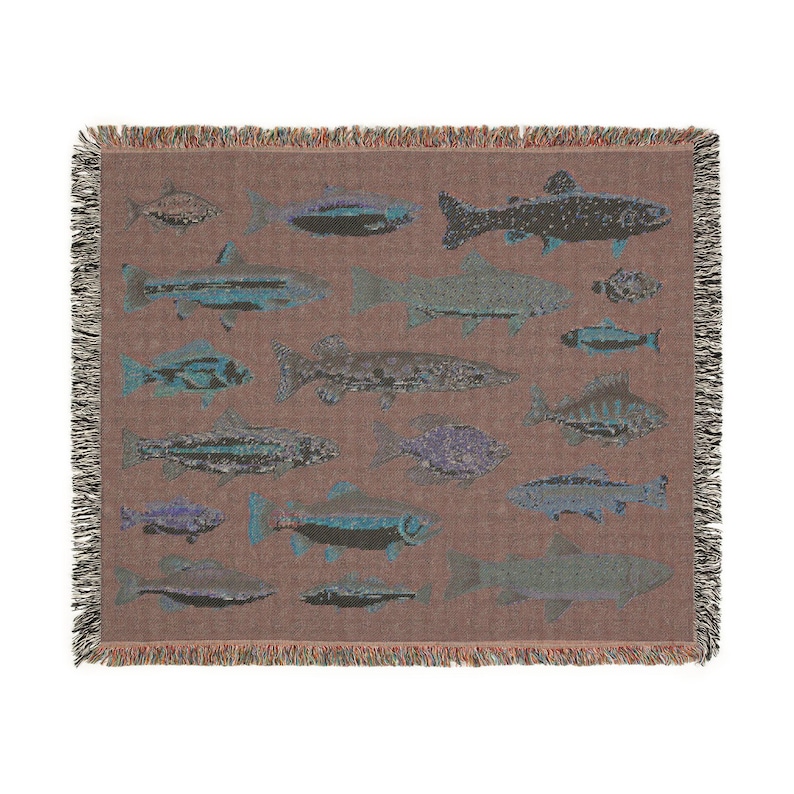 Fish Woven Blanket - 100% Cotton Rug Vintage Fish Art Cabin Decor, Fisherman Aesthetic Picnic Throw, Trout Wall Tapestry Fisherman Gift image 8