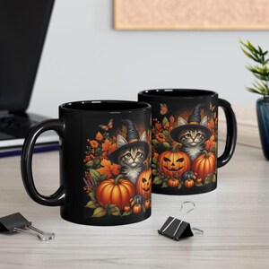 Cute Halloween Mug Kitten and Pumpkin Black Coffee Mug Halloween Cat Mug Gift For Her Him Fall Cottagecore Teacup Witchy Cat Ceramic Mug image 7