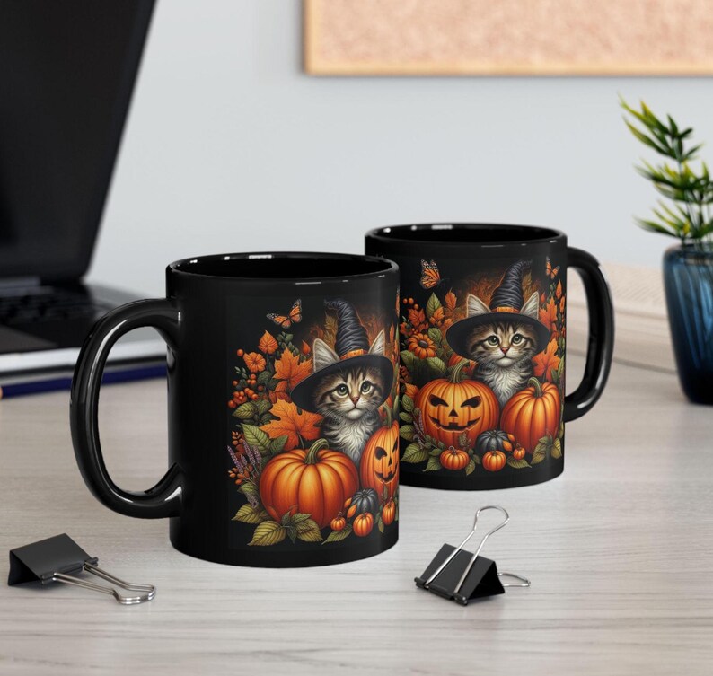 Cute Halloween Mug Kitten and Pumpkin Black Coffee Mug Halloween Cat Mug Gift For Her Him Fall Cottagecore Teacup Witchy Cat Ceramic Mug image 7