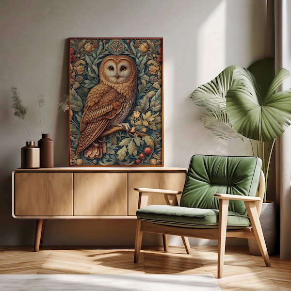 Whimsical Owl Poster 210gsm William Morris Inspired Bird Art Satin Poster Floral Vintage Owl Wall Art Print Owl Home Decor Bird Lover Gift