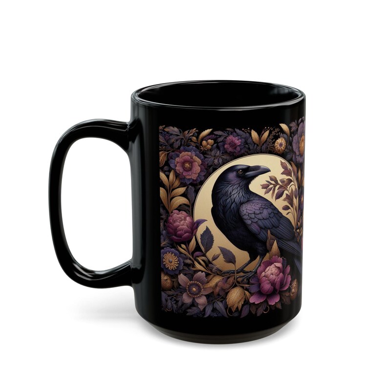 Floral Raven Black Coffee Mug - William Morris Inspired Goth Crow Art Mug, Dark Academia Bird Kitchen Decor image 10