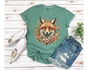 花柄のキツネTシャツ、コテージコア風フローラルシャツ、コンフォートカラー、ヴィンテージ風キツネと花柄シャツ、森のキツネTシャツ、ユニセックスTシャツ、キツネ好きへのギフト