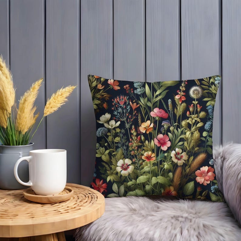 Peut inclure: Un coussin d&eacute;coratif avec un motif floral. Le coussin pr&eacute;sente une vari&eacute;t&eacute; de fleurs dans des tons de rose, rouge, jaune et bleu sur un fond bleu fonc&eacute;.