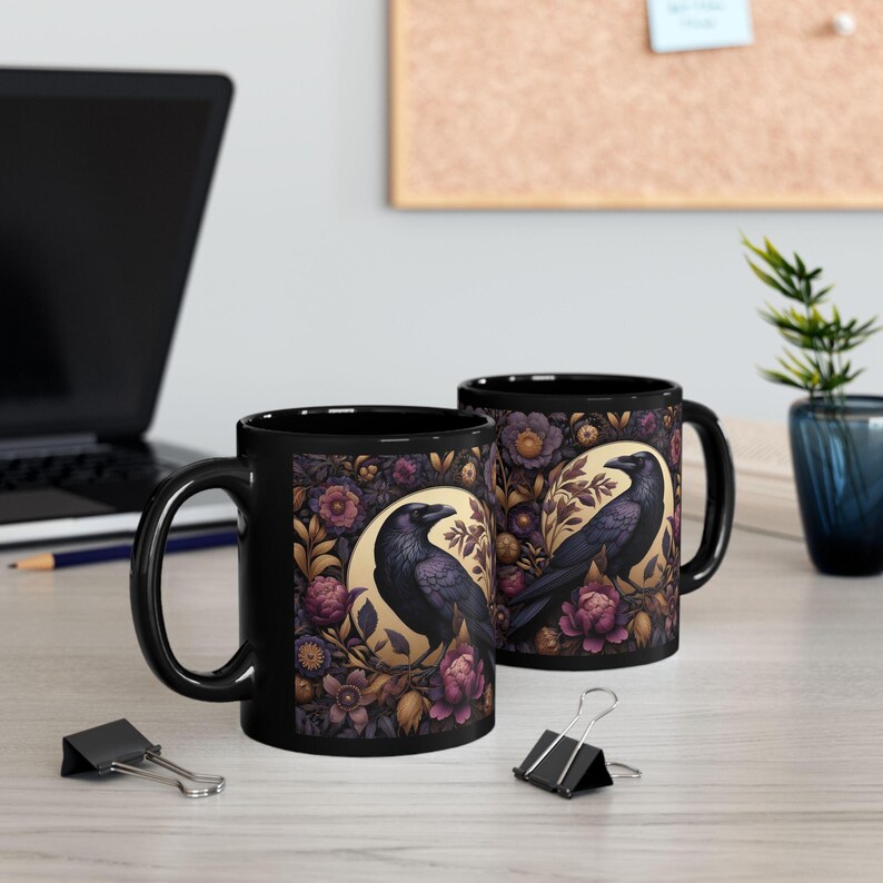 Floral Raven Black Coffee Mug - William Morris Inspired Goth Crow Art Mug, Dark Academia Bird Kitchen Decor image 8