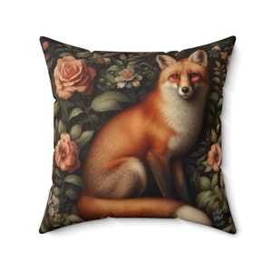 Fox Pillow William Morris Inspired Cushion Forest Fox and Rose Throw Pillow Rustic Cottage Core Home Decor Gift INSERT INCLUDED