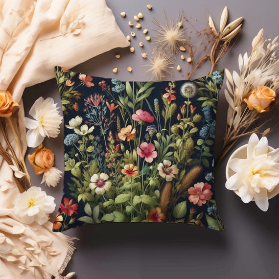 Dark Botanical Pillow Wildflowers Throw Cushion Cottagecore Pillow Vintage Style Floral Pillow Moody Flowers Home Decor Gift INSERT INCLUDED