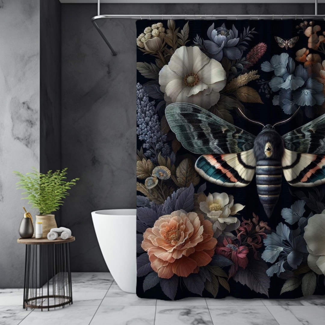 Dark Floral Moth Shower Curtain Moth and Flowers Bathroom Decor Black ...