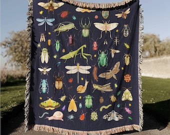 Manta tejida de insectos - 100 % algodón, tapiz de pared con insectos y polillas, regalo artístico de caracoles y escarabajos, decoración para el hogar para amantes de la entomología