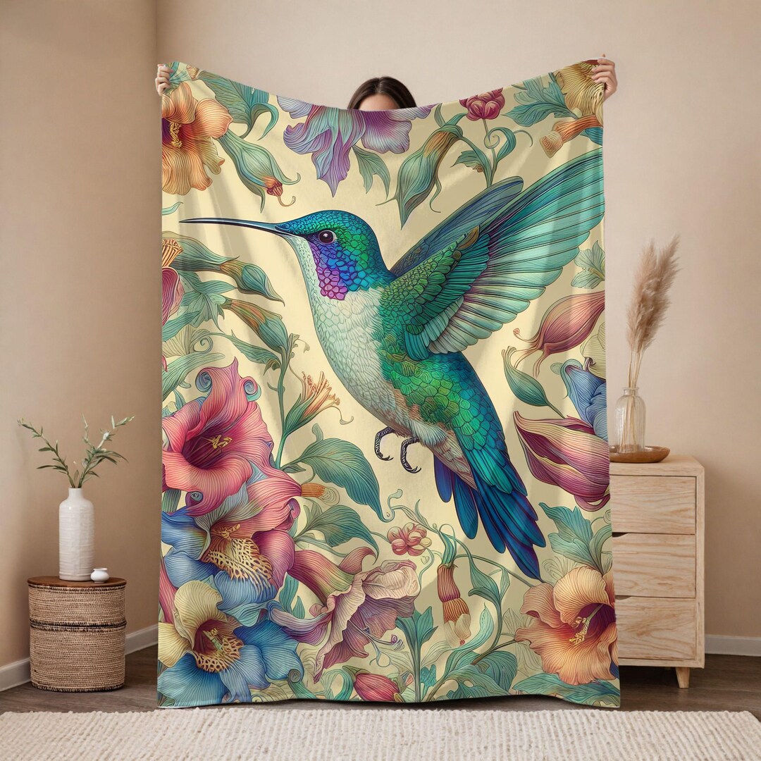 Hummingbird and Flowers Velveteen Plush Blanket William Morris